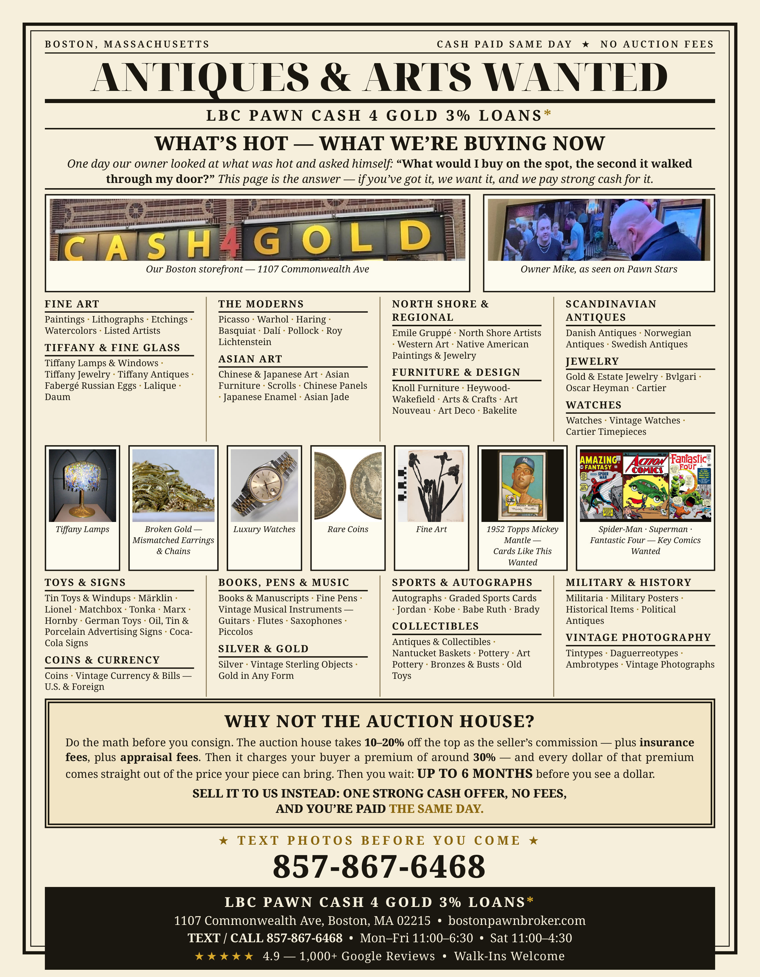 LBC Pawn Antiques & Arts Wanted flyer — front