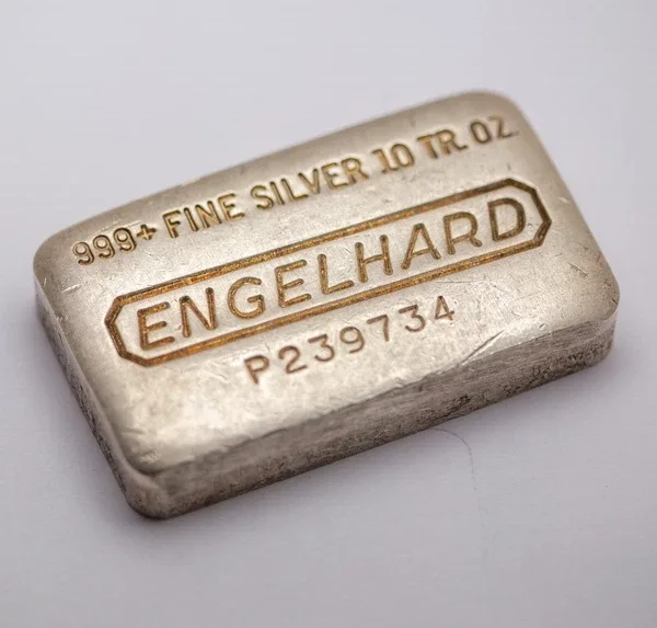 Vintage Engelhard poured 10 oz silver bar — old-pour loaf bar stamped 999+ fine silver 10 troy oz, bought in Boston MA
