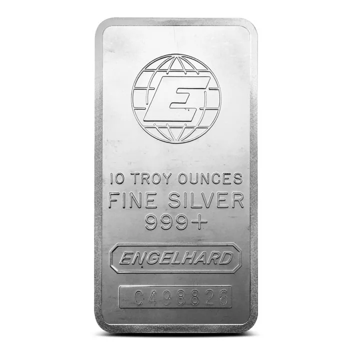 Engelhard 10 oz silver bar — 10 troy ounces fine silver 999+ with globe logo, bought for cash in Boston