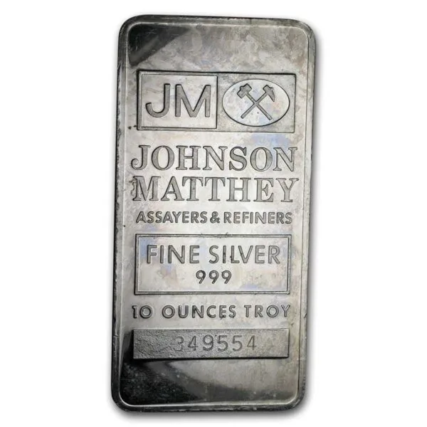 Johnson Matthey 10 oz silver bar — JM assayers and refiners bar, 10 ounces troy fine silver 999 at LBC Pawn Boston