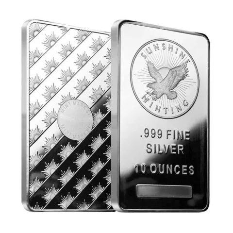 Sunshine Minting 10 oz silver bar front and back — .999 fine silver 10 ounces with MintMark SI security feature