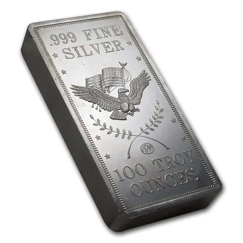 APMEX 100 oz silver bar — 100 troy ounces .999 fine silver with heraldic eagle design, sell silver bars in Boston MA