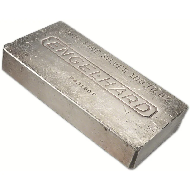 Engelhard 100 oz silver bar — vintage extruded bar stamped 999+ fine silver 100 troy oz, bought for cash in Boston