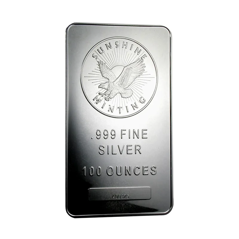 Sunshine Minting 100 oz silver bar — .999 fine silver 100 ounces with eagle and sunburst design bought at LBC Pawn Boston