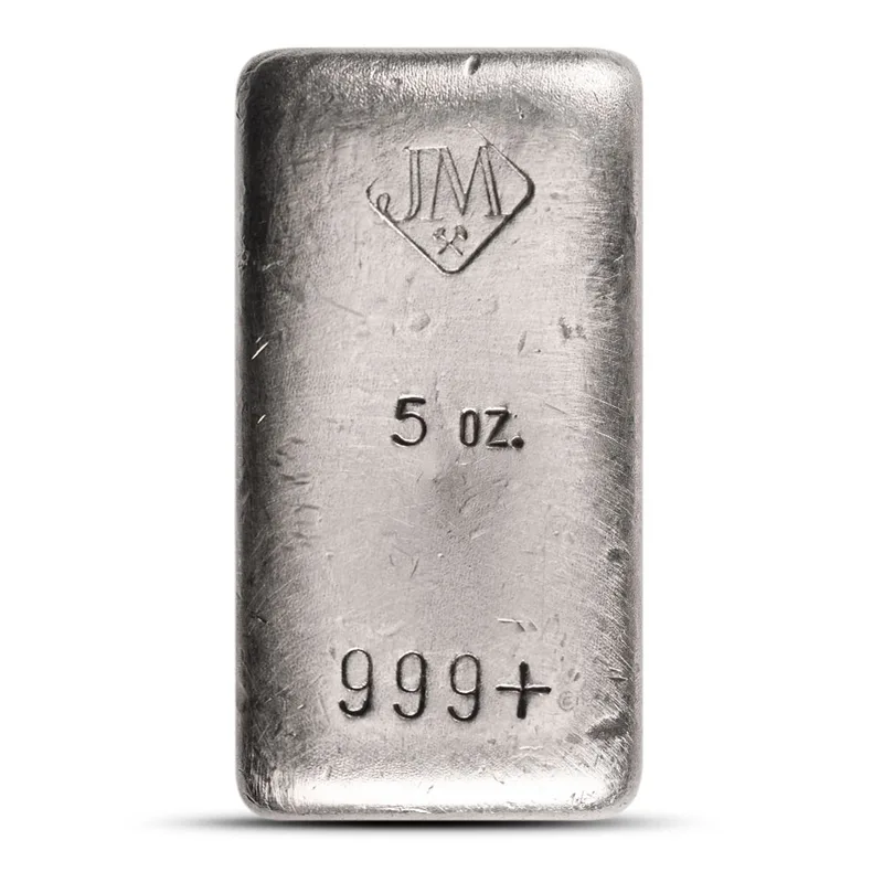 Johnson Matthey cast 5 oz silver bar — vintage JM diamond-logo poured bar, 5 oz 999+ fine silver bought for cash