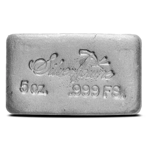 SilverTowne poured 5 oz silver bar — prospector logo loaf bar, 5 oz .999 fine silver, sell silver bars in Boston MA