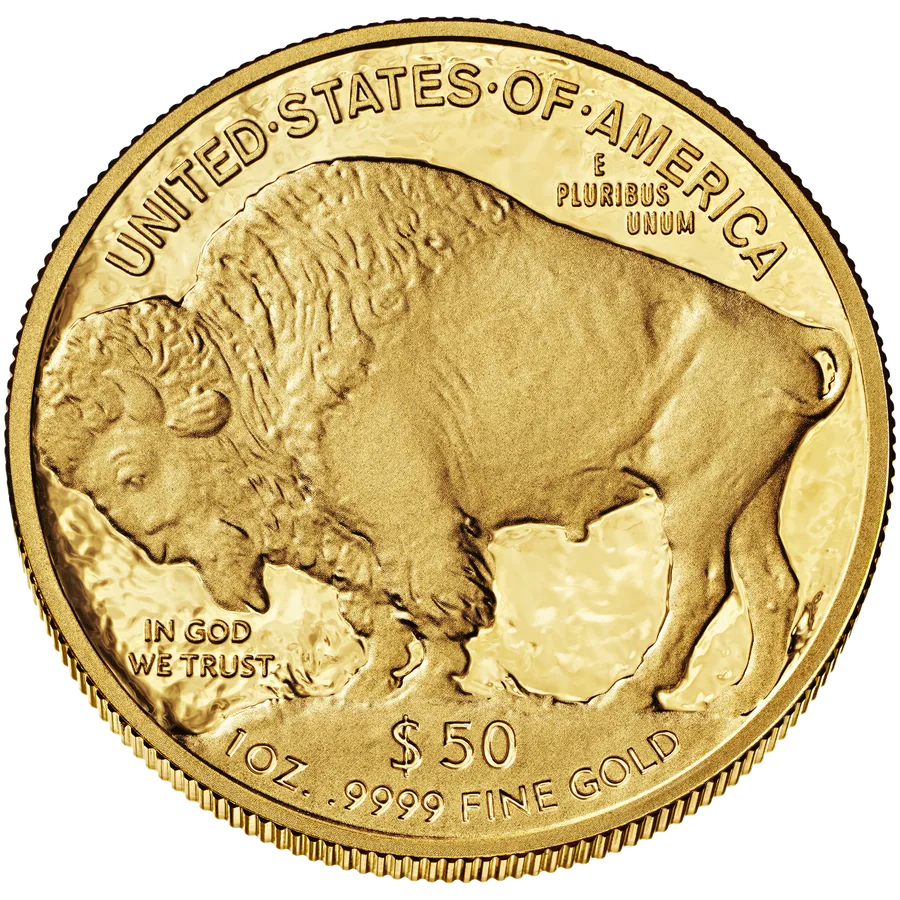 Gold Buffalo reverse on black — 1 oz .9999 fine gold $50 coin sold in Boston MA