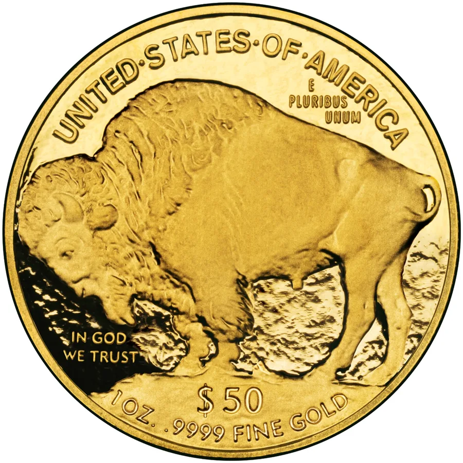 American Gold Buffalo reverse — buffalo standing on a mound, 1 oz .9999 fine gold $50, bought in Boston