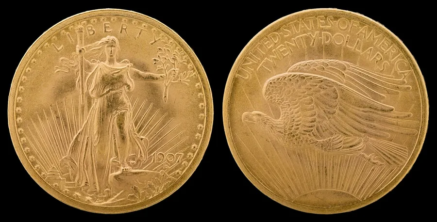 Saint-Gaudens double eagle — pre-1933 $20 gold coin obverse and reverse, bought in Boston