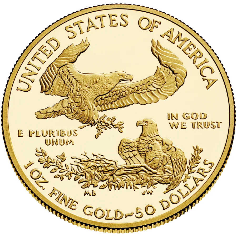 American Gold Eagle reverse — flying eagle over the nest, 1 oz fine gold 50 dollars, sold in Boston MA