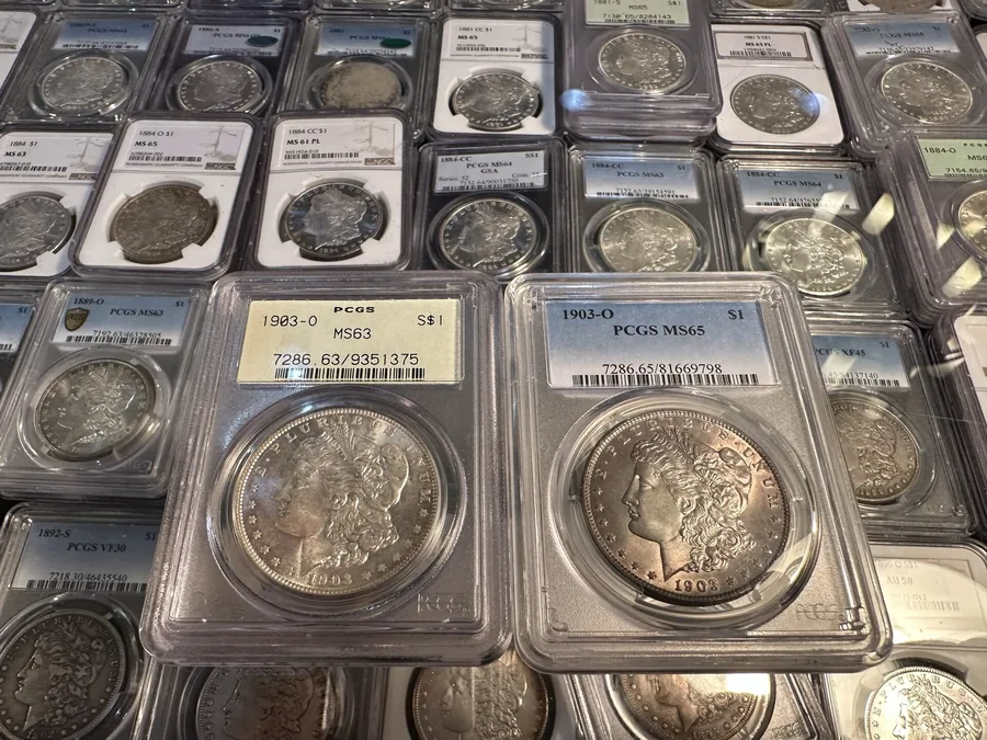 Certified coins in PCGS and NGC slabs — graded coins are verified against the certification database at the LBC Pawn counter