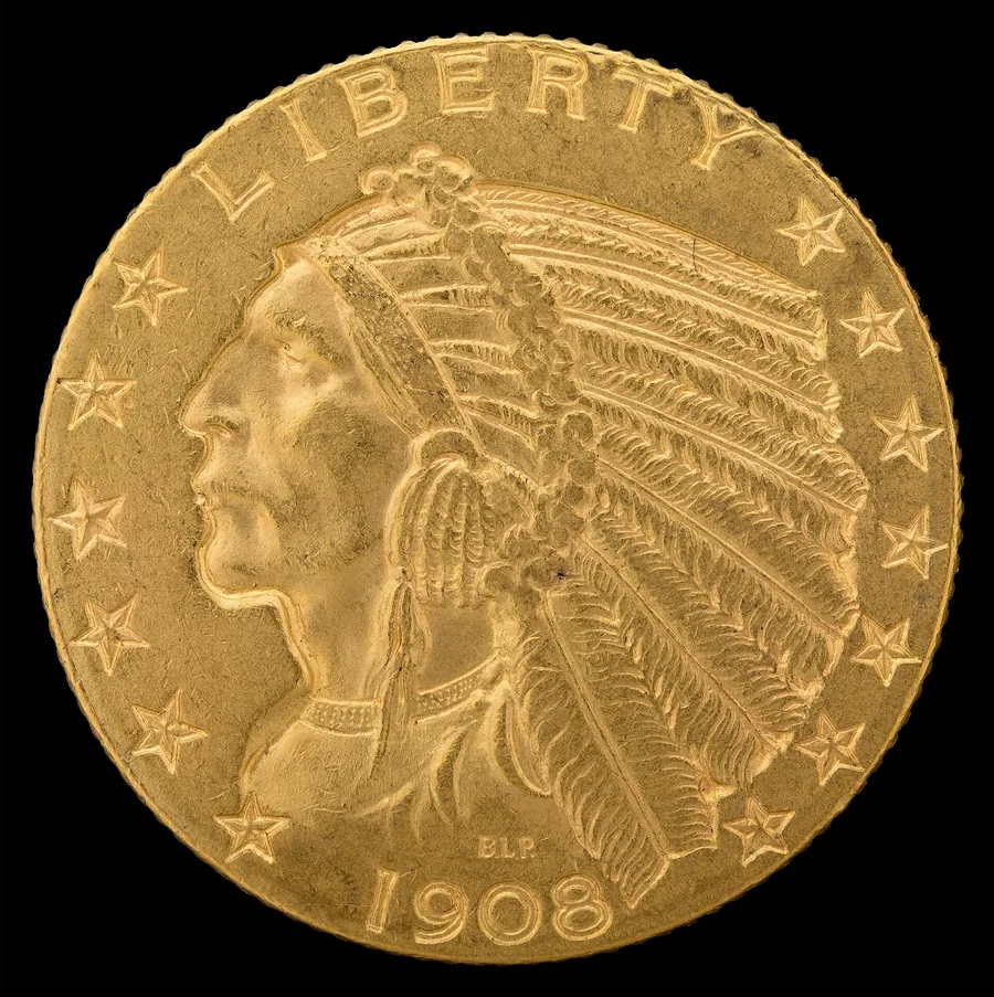 1908 Indian Head half eagle obverse — $5 incuse pre-1933 gold coin bought for cash in Boston