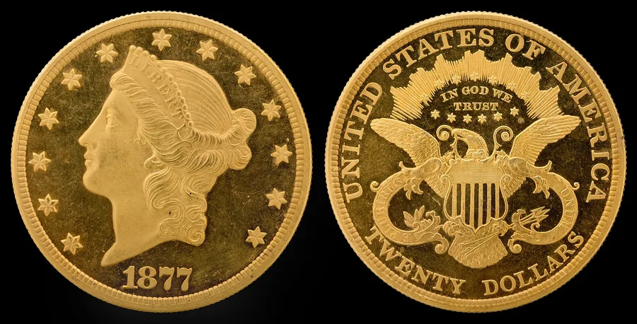 1877 Liberty Head double eagle — $20 pre-1933 gold coin obverse and heraldic eagle reverse bought at LBC Pawn