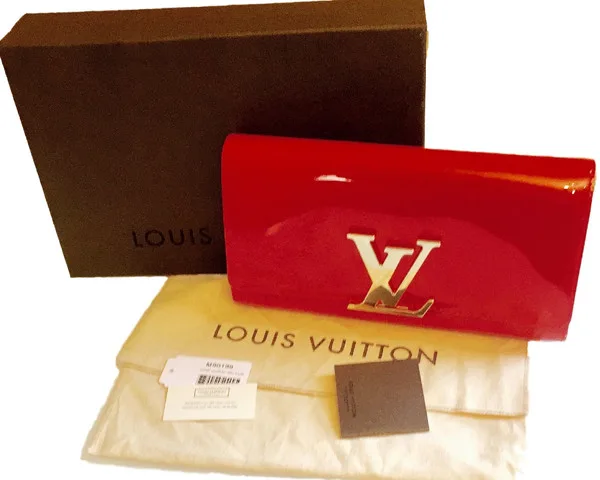 Louis Vuitton Louise clutch in red vernis leather with LV clasp, box and dust bag — we buy Louis Vuitton in Boston