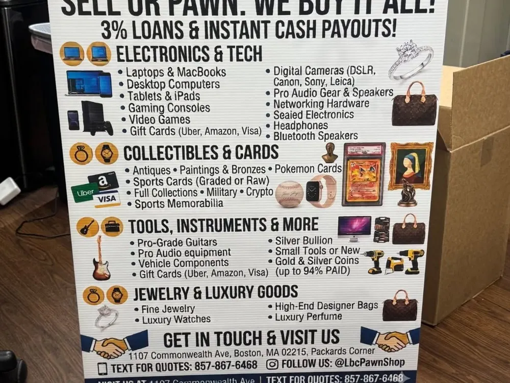 Pawn loans Boston — the LBC Pawn yard sign: Sell or Pawn, We Buy It All, 3% loans and instant cash payouts