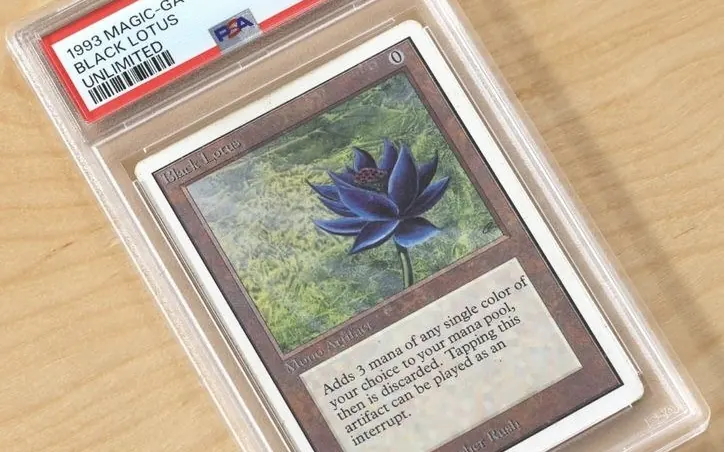 Graded trading cards at our Boston pawn shop — a PSA-slabbed Black Lotus card on the counter