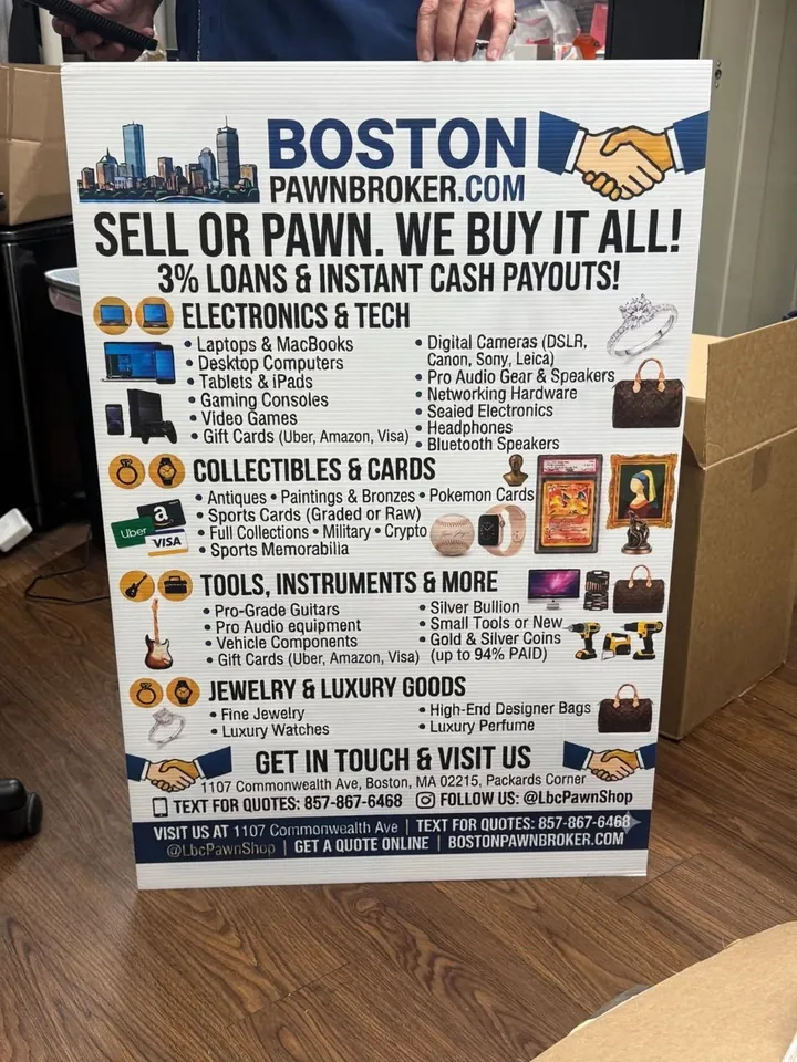 LBC Pawn yard sign — sell or pawn, we buy it all, 3% loans and instant cash payouts