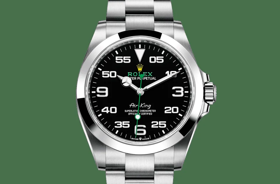 Rolex Air-King with black dial, 3-6-9 numerals and green seconds hand — we buy Air-Kings in Boston