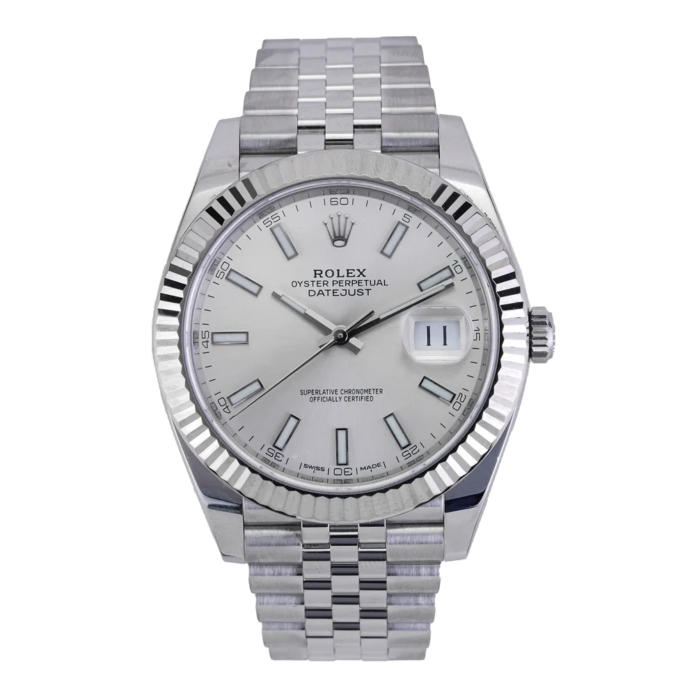 Rolex Datejust 41 with fluted white-gold bezel — we buy Datejusts in Boston