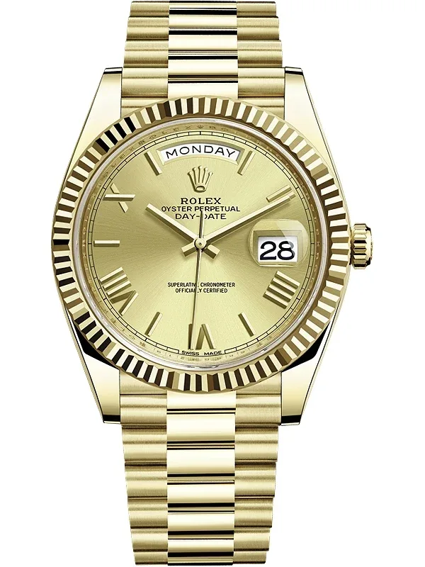 Rolex Day-Date 40 in yellow gold on a President bracelet — we buy Day-Dates in Boston