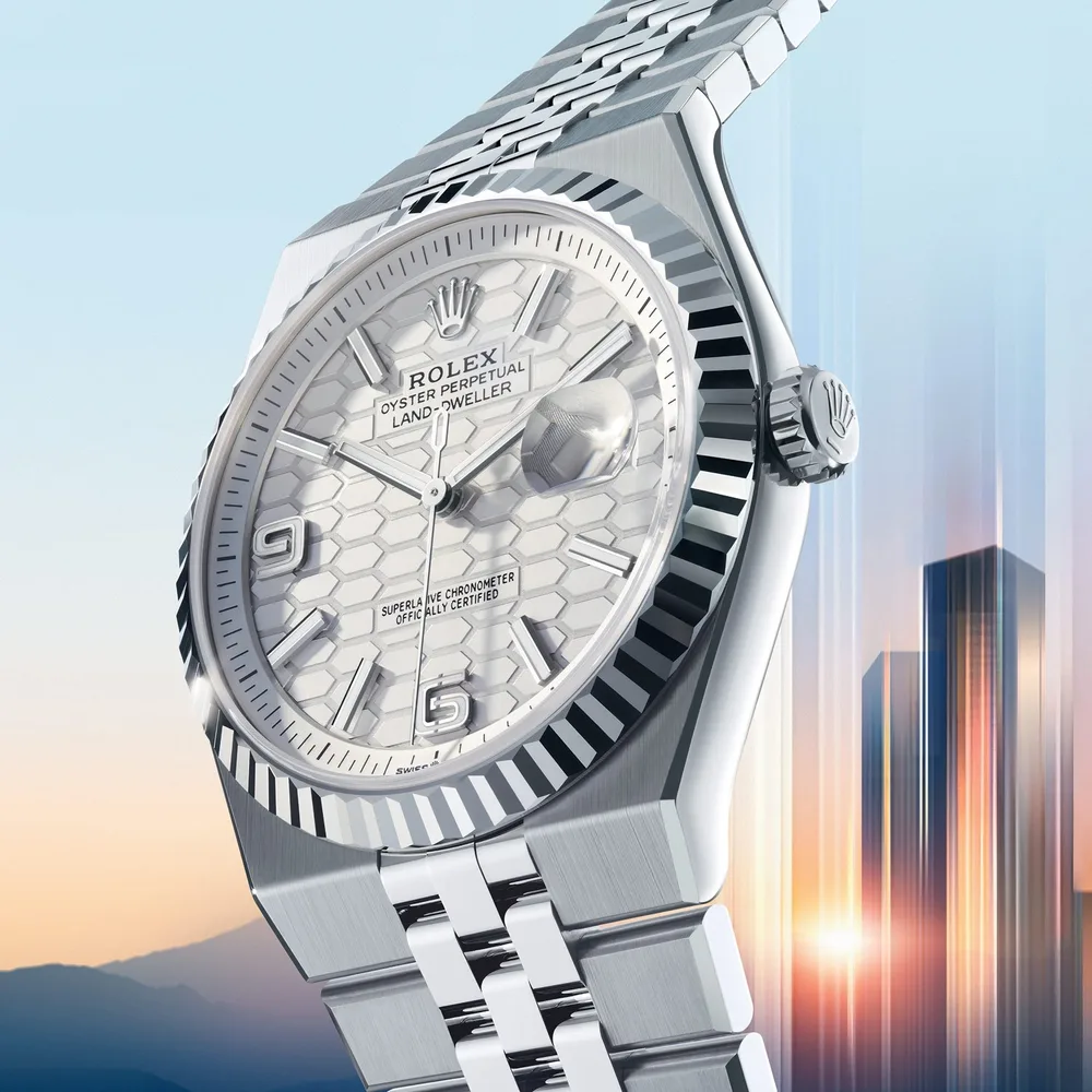 Rolex Land-Dweller with honeycomb-motif dial and integrated Flat Jubilee bracelet — we buy Land-Dwellers in Boston