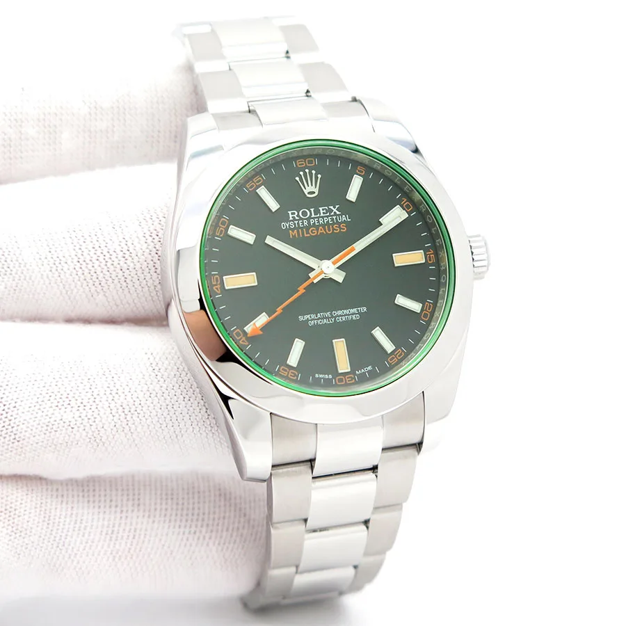 Rolex Milgauss with green sapphire crystal and lightning-bolt seconds hand — we buy Milgauss in Boston